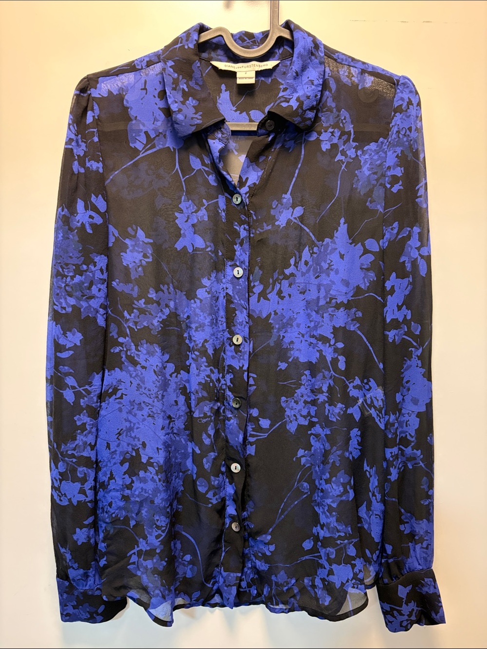 Diane Von Furstenberg Black and Blue Floral Button-Up Blouse